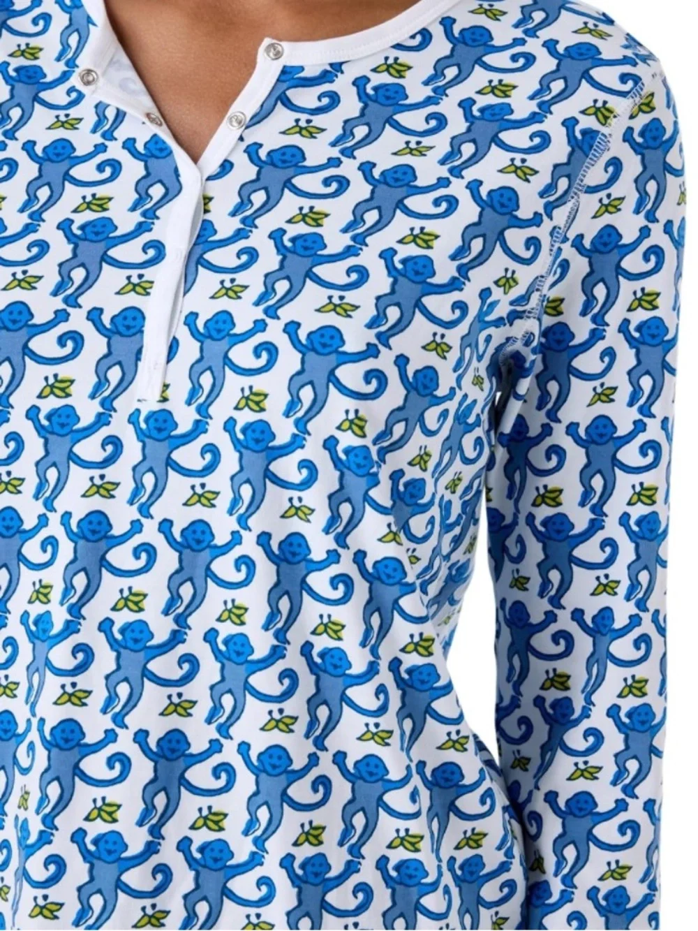 Blue and White Monkey Printed Long Sleeve Pajama Set - Picture 3 of 4